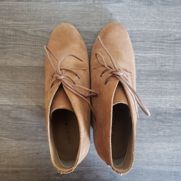 Lucky Brand Shijo Suede Leather Ankle Bootie Stacked Wedge Tan Size Women's 9.5 - Picture 5 of 11
